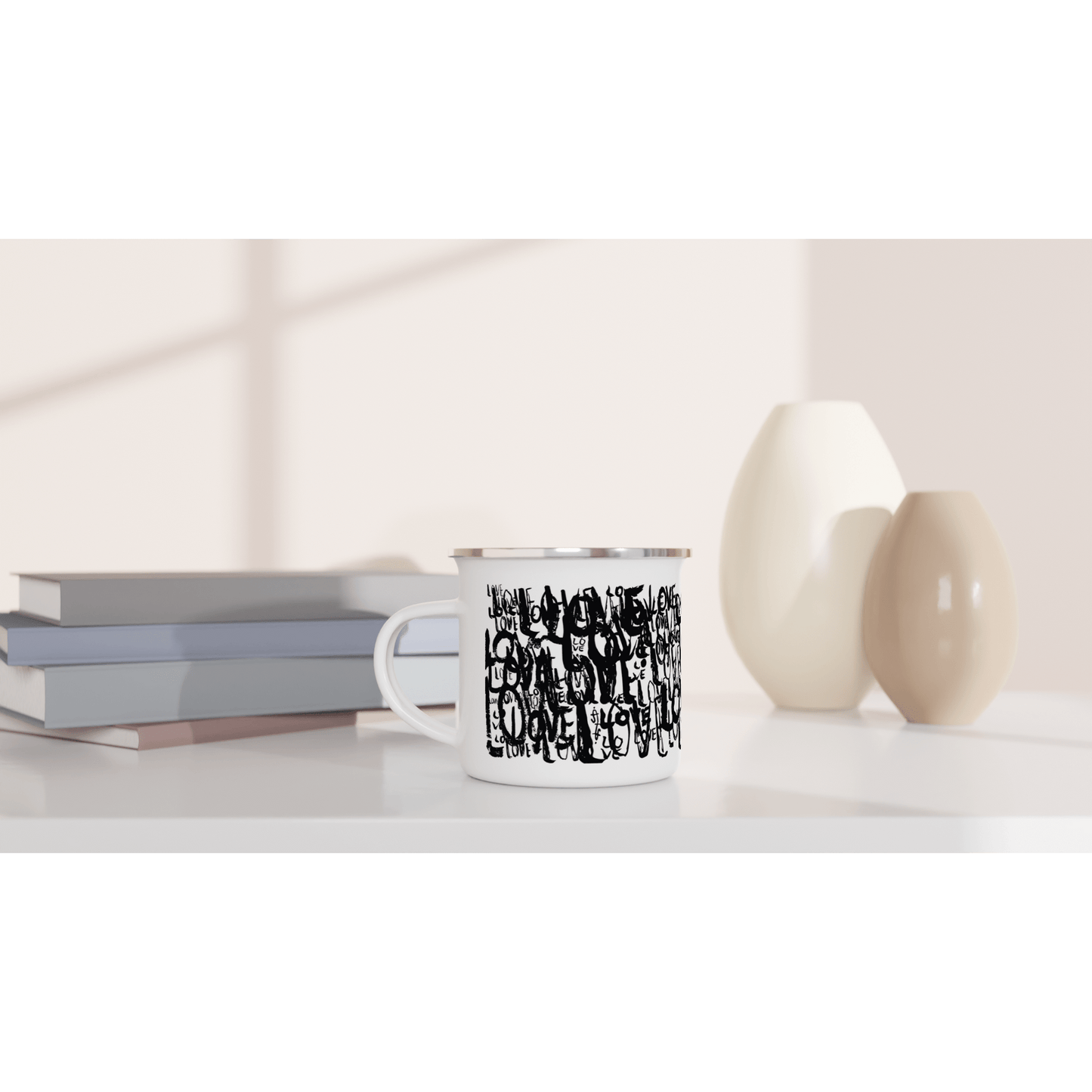 Love Typo - White 12oz Enamel Mug - Black Edition Mugs