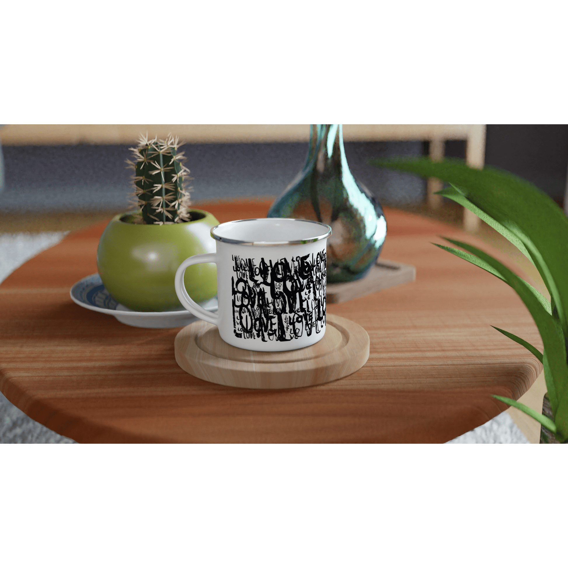 Love Typo - White 12oz Enamel Mug - Black Edition Mugs