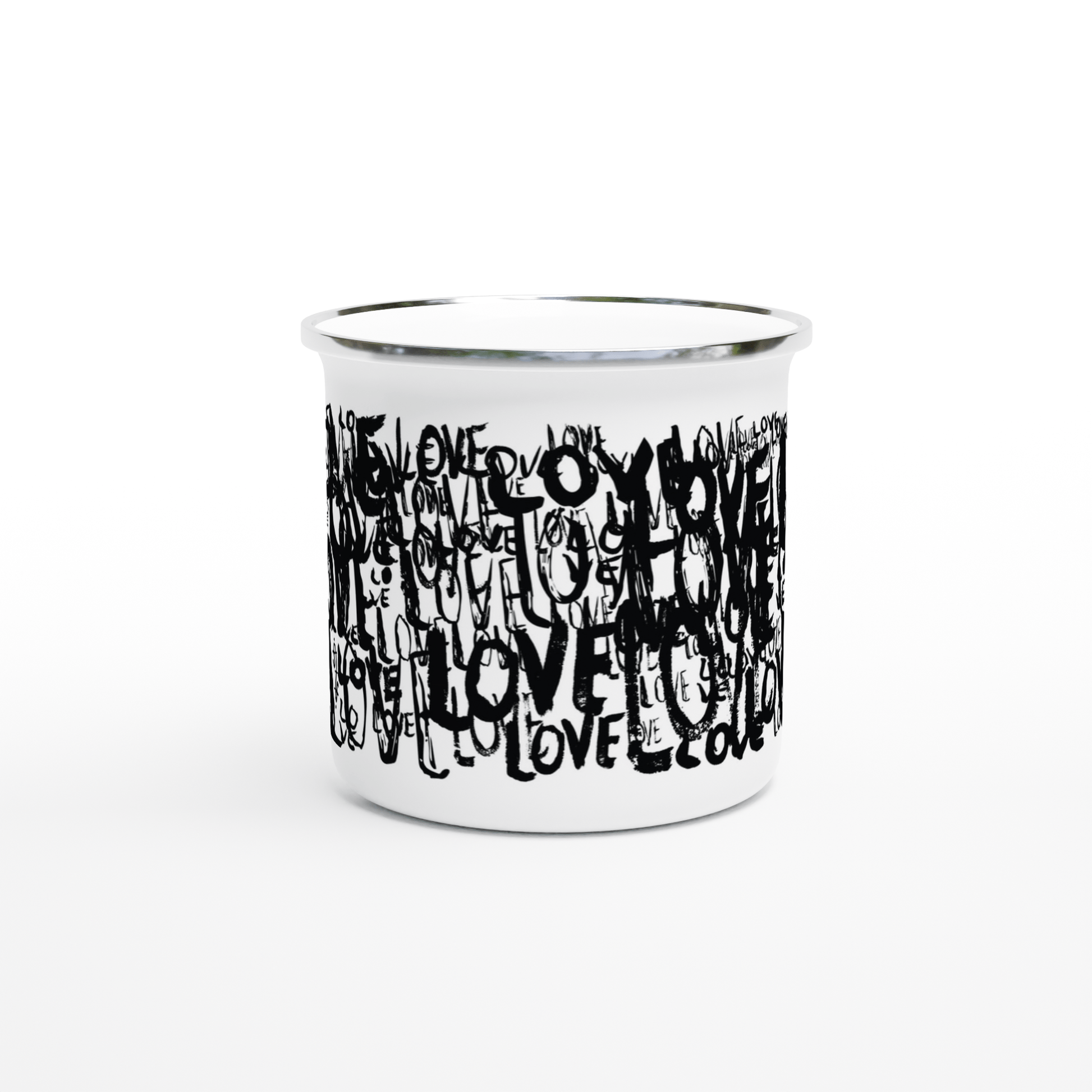 Love Typo - White 12oz Enamel Mug - Black Edition Mugs