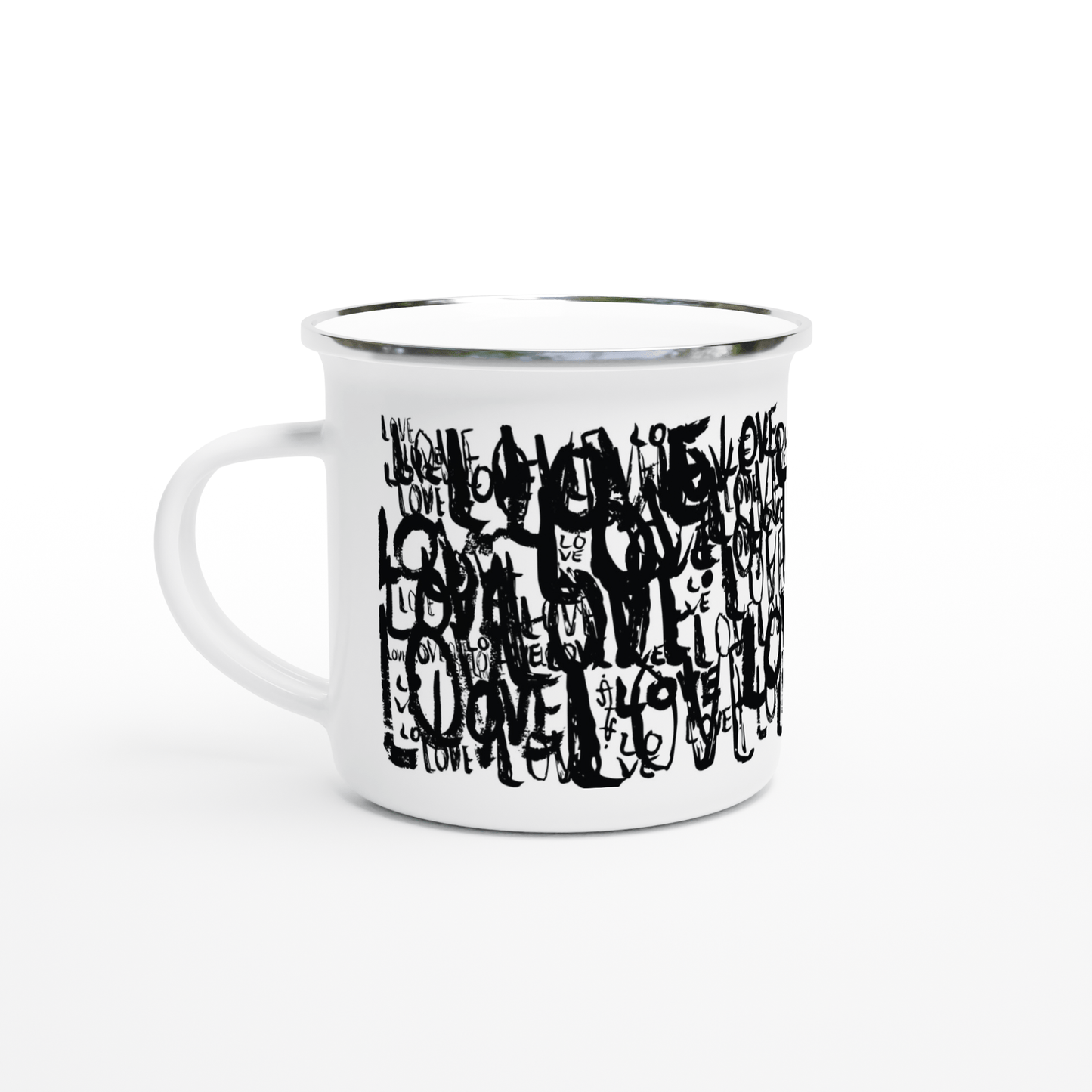 Love Typo - White 12oz Enamel Mug - Black Edition Mugs