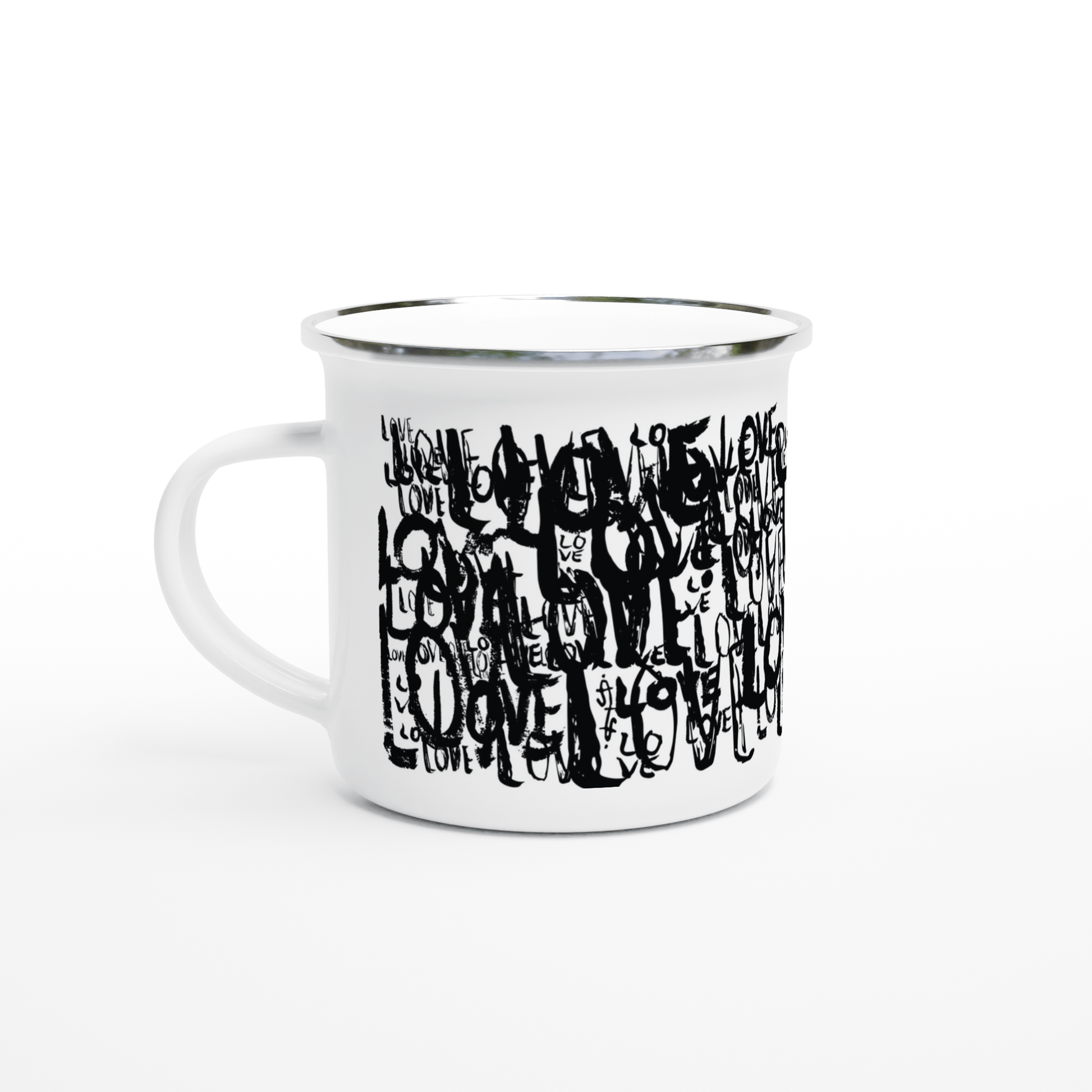 Love Typo - White 12oz Enamel Mug - Black Edition Mugs