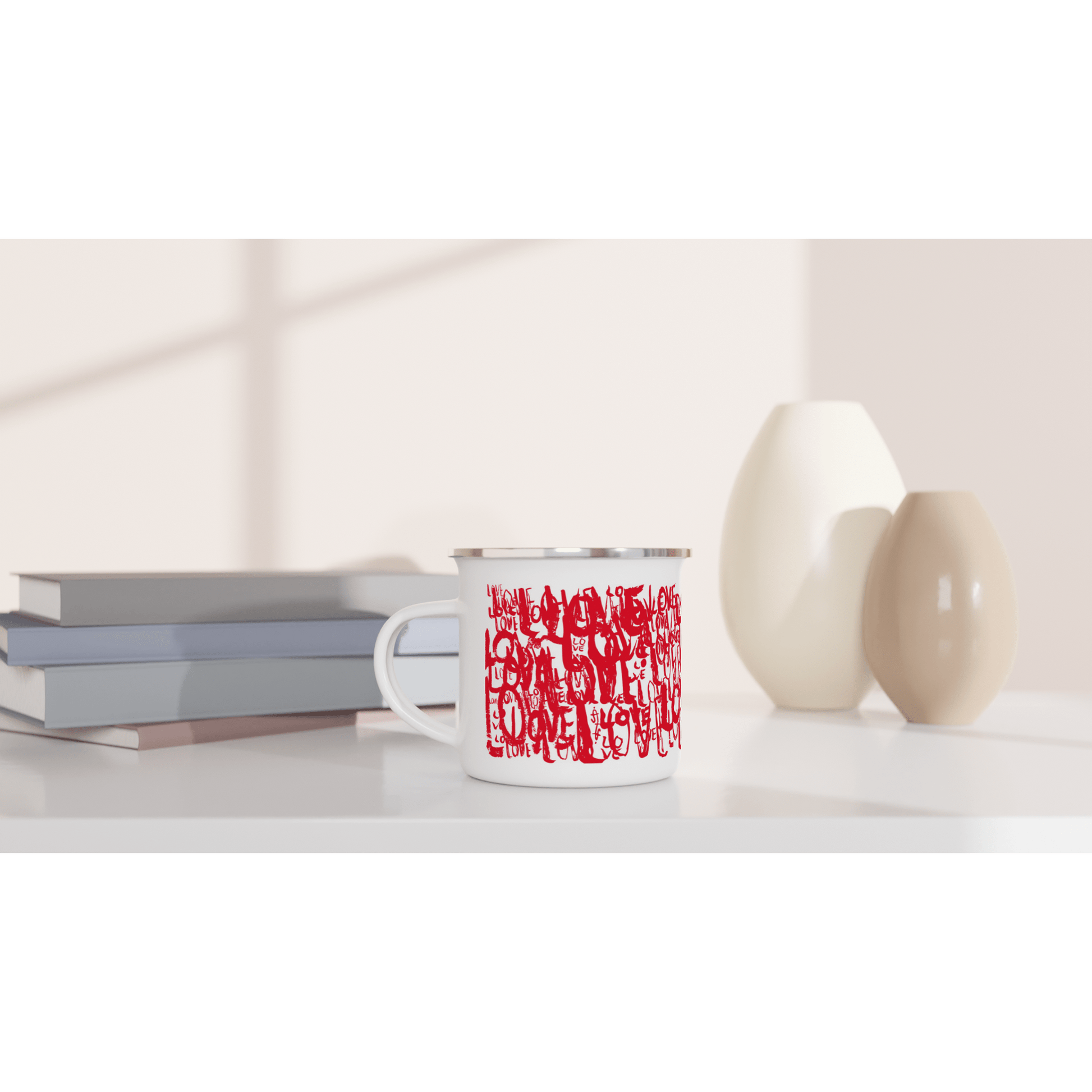 Red Love Typo - White 12oz Enamel Mug Mugs