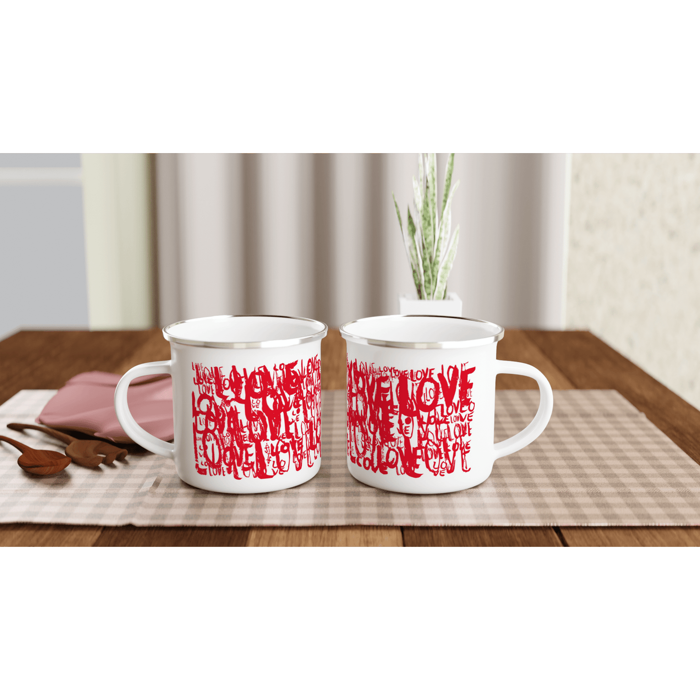 Red Love Typo - White 12oz Enamel Mug Mugs