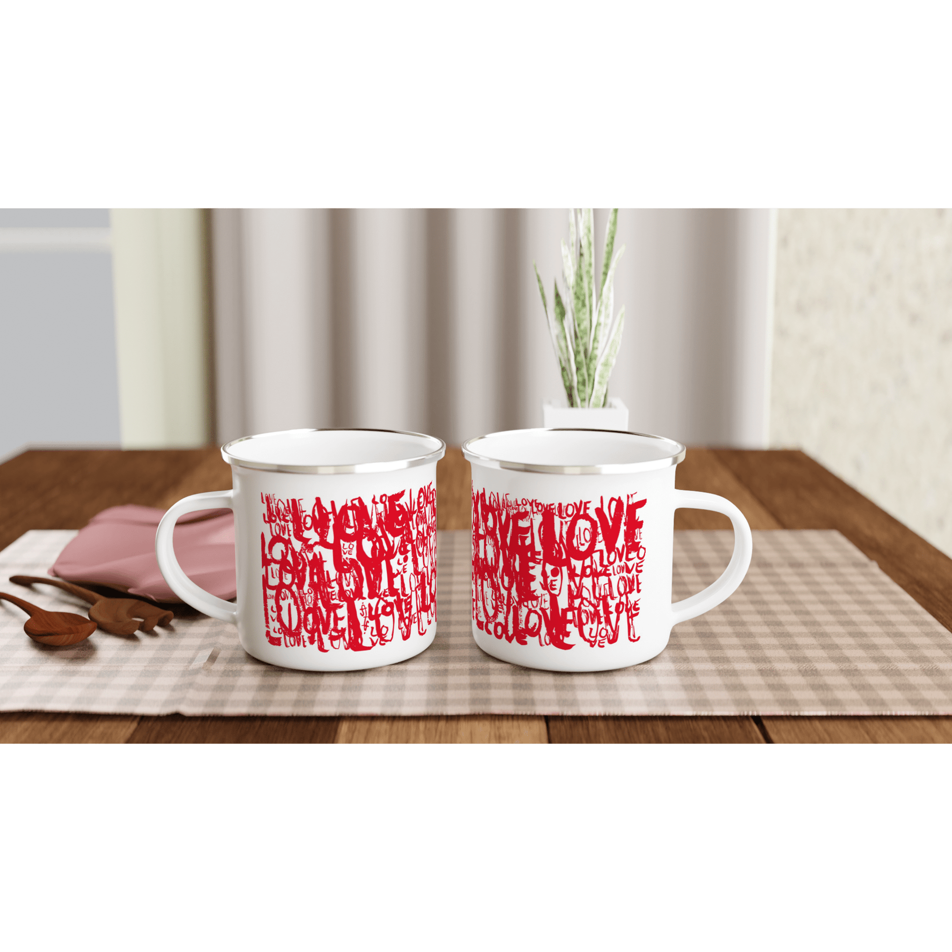 Red Love Typo - White 12oz Enamel Mug Mugs